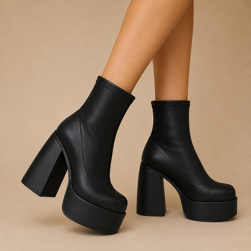 Bahije black boots women's ankle with high platform block heels for stylish wear