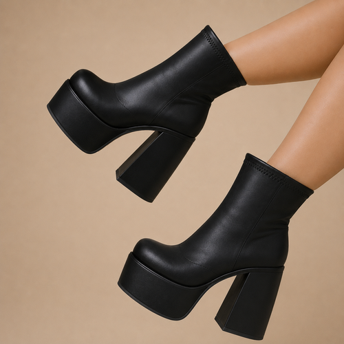Bahije black platform boots women's ankle with high block heels and smooth finish