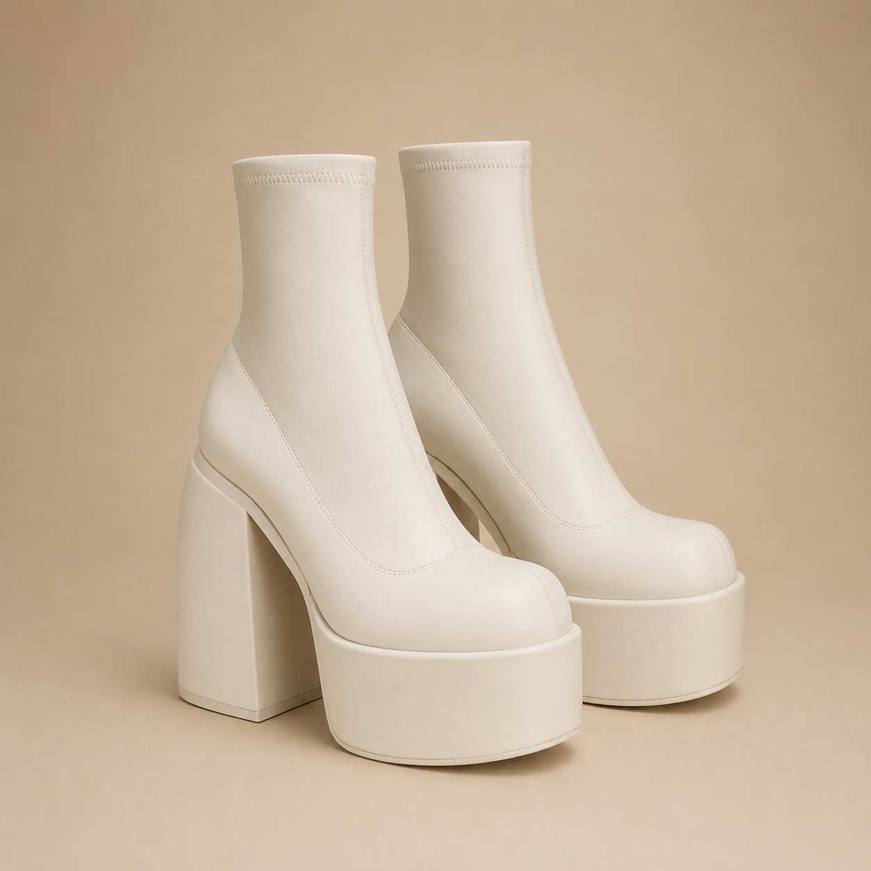 Bahije beige platform boots women's ankle with chunky high heels and stretchy upper material