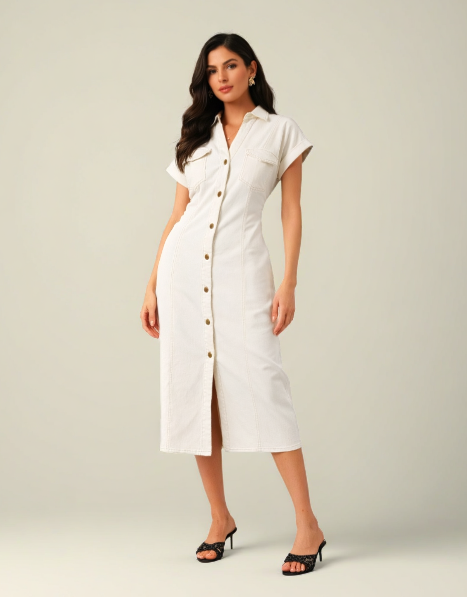 Abito Midi Donna in Denim Avorio – Bottoni e Maniche Corte, Linea Slim Elegante
